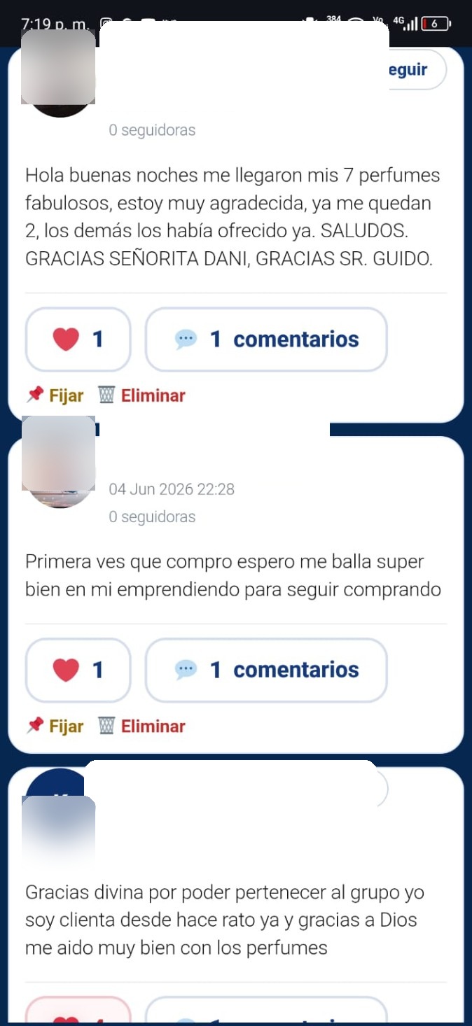 Captura de comentarios de clientas felices, con nombres ocultos por privacidad.